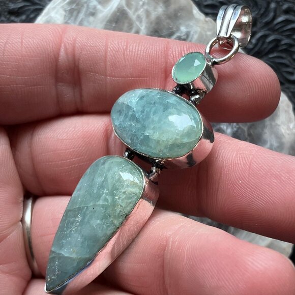 Faceted Chalcedony Over Natural Aquamarine Pendant Crystal Stone Jewelry - Picture 4 of 7